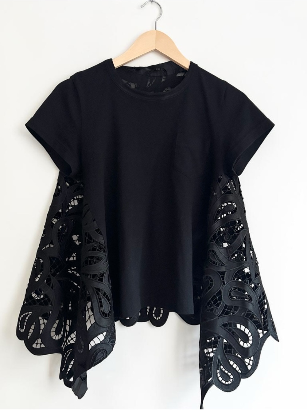 SACAI Black Embroidered Guipure Lace Cotton Tee Shirt Top Sz Small